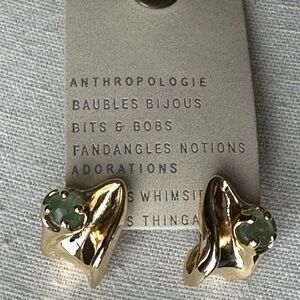 Anthropologie Gold Heart Earrings with Green Stone Accent - NWOT